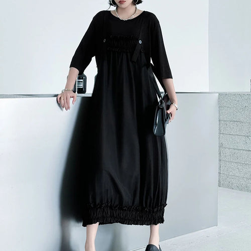 Load image into Gallery viewer, Women Black Ruffles Spliced Big Size Strap Dress New Square Collar Sleeveless Fashion Tide Spring Autumn 2025 1DJ1157
