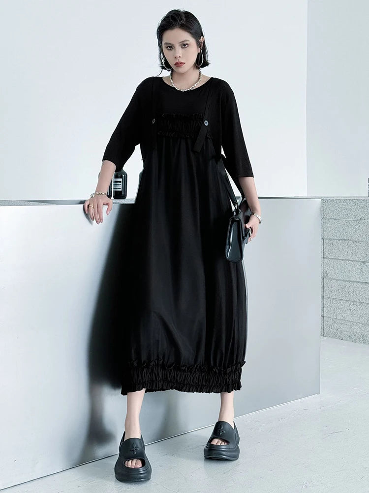Women Black Ruffles Spliced Big Size Strap Dress New Square Collar Sleeveless Fashion Tide Spring Autumn 2025 1DJ1157