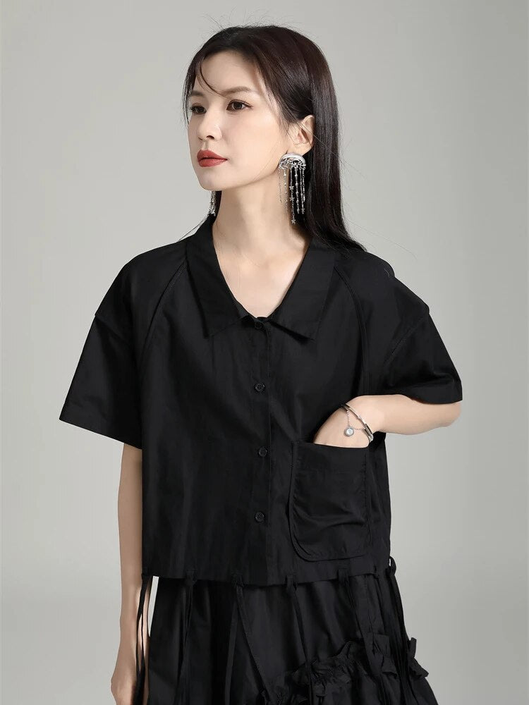 Patchwork tassel shirts for women lapel short sleeve spliced button casual solid blouse female fashion clothing