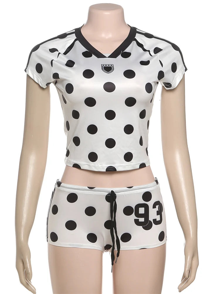 Sporty Dot Digit Print 2 Piece Set Women Casual Hipster Crop Tops+Shorts Matching Streetwear Skinny Stretch Tracksuit