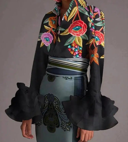 Autumn Vintage Blouses Women's Flared Sleeves Blouse Urban Flower Printed Elegant Shirts Tops for Woman