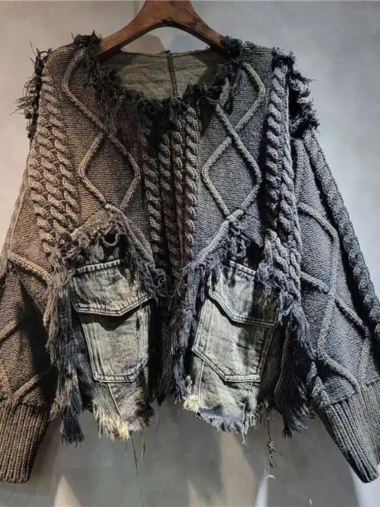 Orange Denim Big Size Knitting Sweater Round Neck Long Sleeve Women Pullovers New Fashion Tide Spring Autumn 2025 16U1329