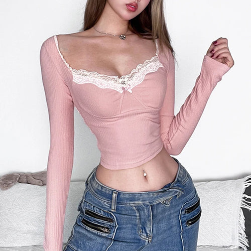 Load image into Gallery viewer, Sweet Korean Lace Trim Women&#39;s Tee Shirts Bow Cute Folds Slim Autumn T shirts Casual Coquette Clothes Cropped Top
