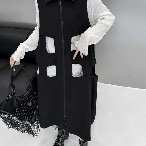 Load image into Gallery viewer, Women Black Hollow Out Zipper Big Size Midi Vest Dress New Lapel Sleeveless Fashion Tide Spring Autumn 2025 1DH6870
