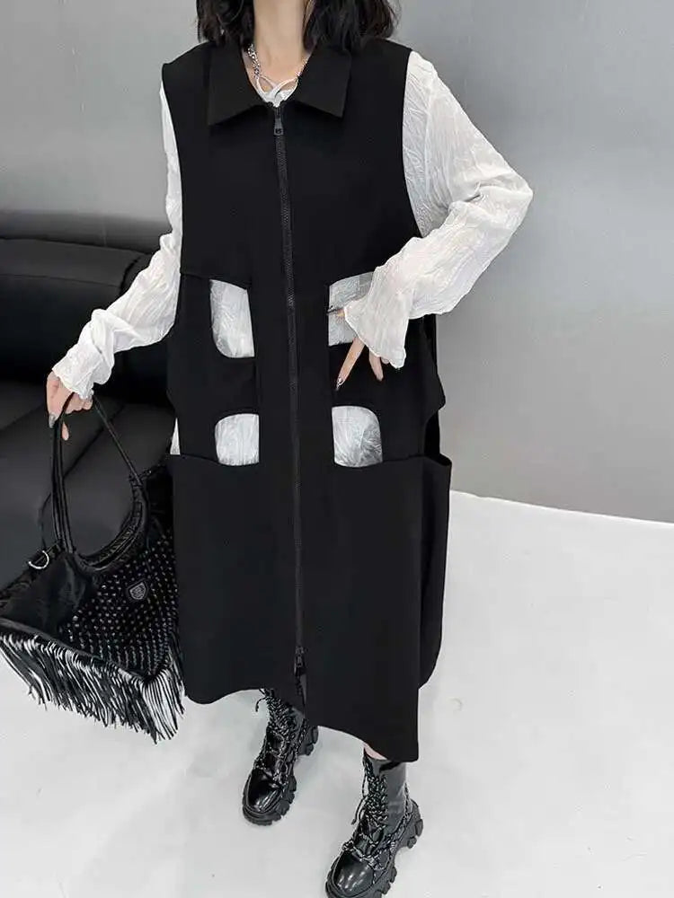 Women Black Hollow Out Zipper Big Size Midi Vest Dress New Lapel Sleeveless Fashion Tide Spring Autumn 2025 1DH6870