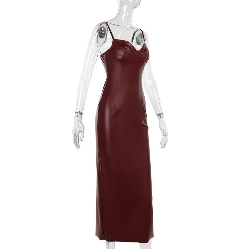 Spaghetti Strap PU Leather Sexy Maxi Dress For Women Fashion Halter Sleeveless Backless Slim Fit Sexy Long Dress New