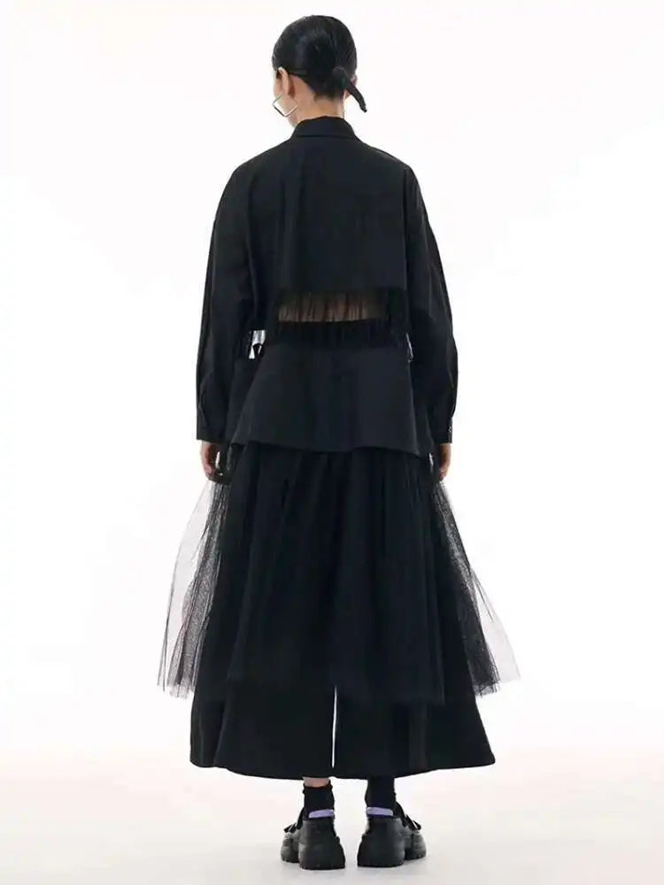 Women Black Mesh Perspective Big Size Midi Shirt Dress New Lapel Long Sleeve Fashion Tide Spring Autumn 2025 1DJ0140