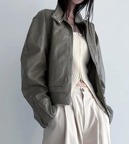 Vintage Harajuku Winter Jacket PU Leather Women Outwear Zip-Up Fashion Y2K Autumn Coat Solid Moto Style Cool Jackets