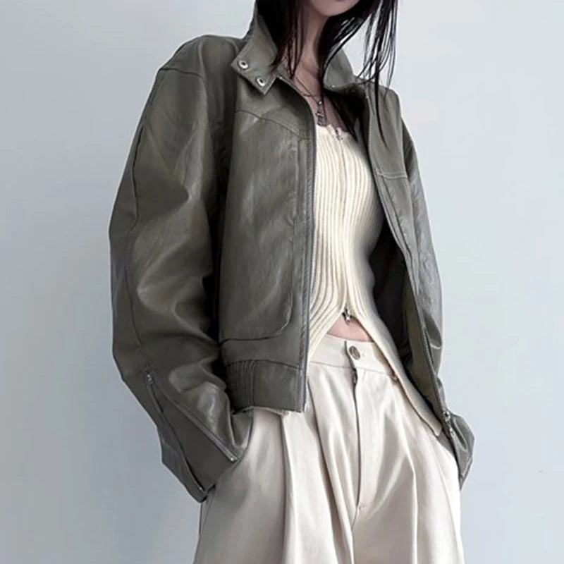 Vintage Harajuku Winter Jacket PU Leather Women Outwear Zip-Up Fashion Y2K Autumn Coat Solid Moto Style Cool Jackets