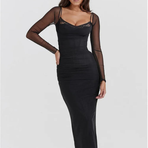 Load image into Gallery viewer, Long Sleeve Mesh Patchwork Lace Double Layer Women Sexy Solid Midi Dress For Ladies Autumn Party Clubwear Long Dress
