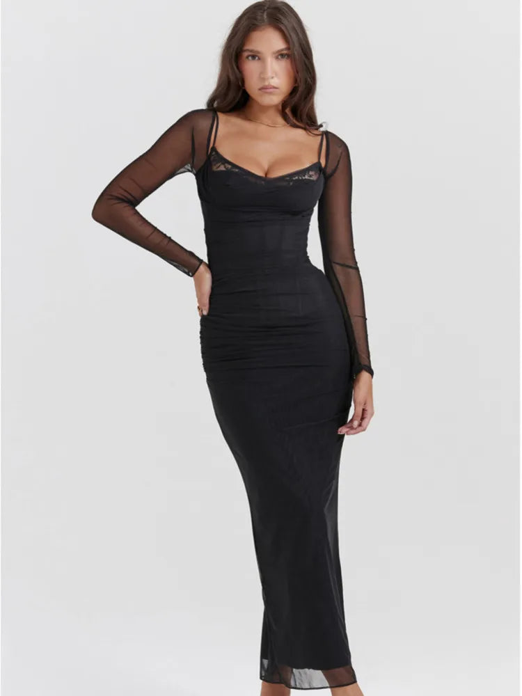 Long Sleeve Mesh Patchwork Lace Double Layer Women Sexy Solid Midi Dress For Ladies Autumn Party Clubwear Long Dress