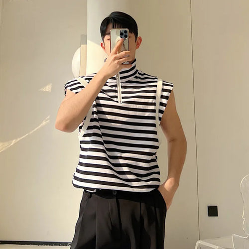 Load image into Gallery viewer, Fashion Men&#39;s Sleeveless T-shirt Stripe Male Top Stand Collar Contrast Color Men Top Summer Stylish Tide 9A7944
