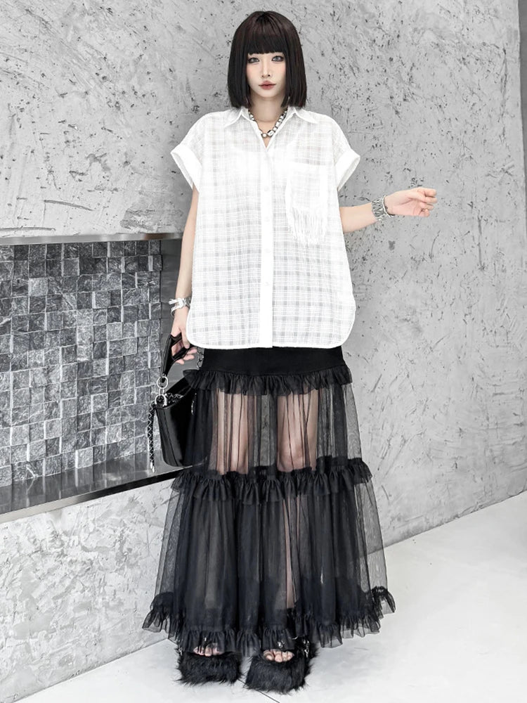 Women White Pocket Tassels Perspective Big Size Blouse New Lapel Short Sleeve Shirt Fashion Spring Summer 2025 1DJ1680