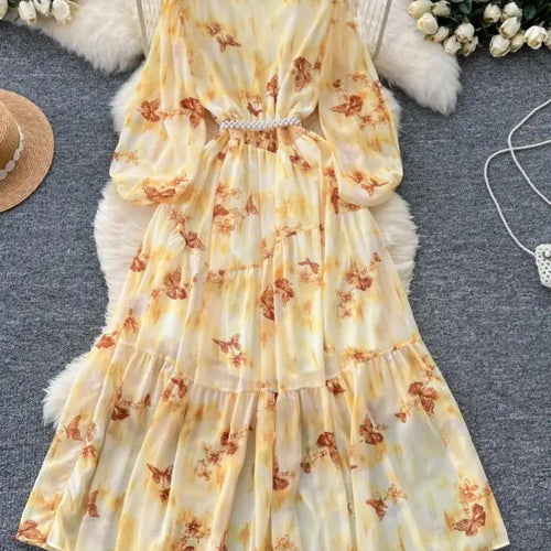 Load image into Gallery viewer, French Women Vintage Sweet Printed Birthday Evening Party Long Dresses Autumn New V Neck  Lantern Sleeves Pleated Dress Bohemian
