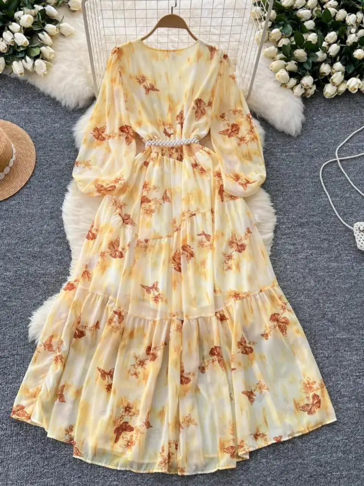 French Women Vintage Sweet Printed Birthday Evening Party Long Dresses Autumn New V Neck  Lantern Sleeves Pleated Dress Bohemian