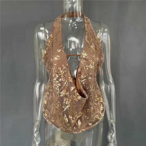 Load image into Gallery viewer, Glitter Deep V Neck Sexy Tank Tops Women Vest Pullovers Summer New Sparkle Backless Cropped Tops Elegant Beach Tops
