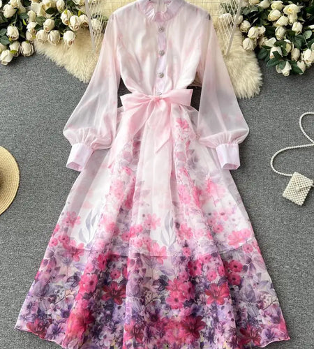 Autumn 2024 Retro Fashion Pink Flower Single Breasted Elegant Long Dress Women Blue Stand Neck Long Sleeve Print Bohemian Dress