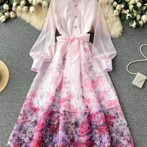 Load image into Gallery viewer, Autumn 2024 Retro Fashion Pink Flower Single Breasted Elegant Long Dress Women Blue Stand Neck Long Sleeve Print Bohemian Dress
