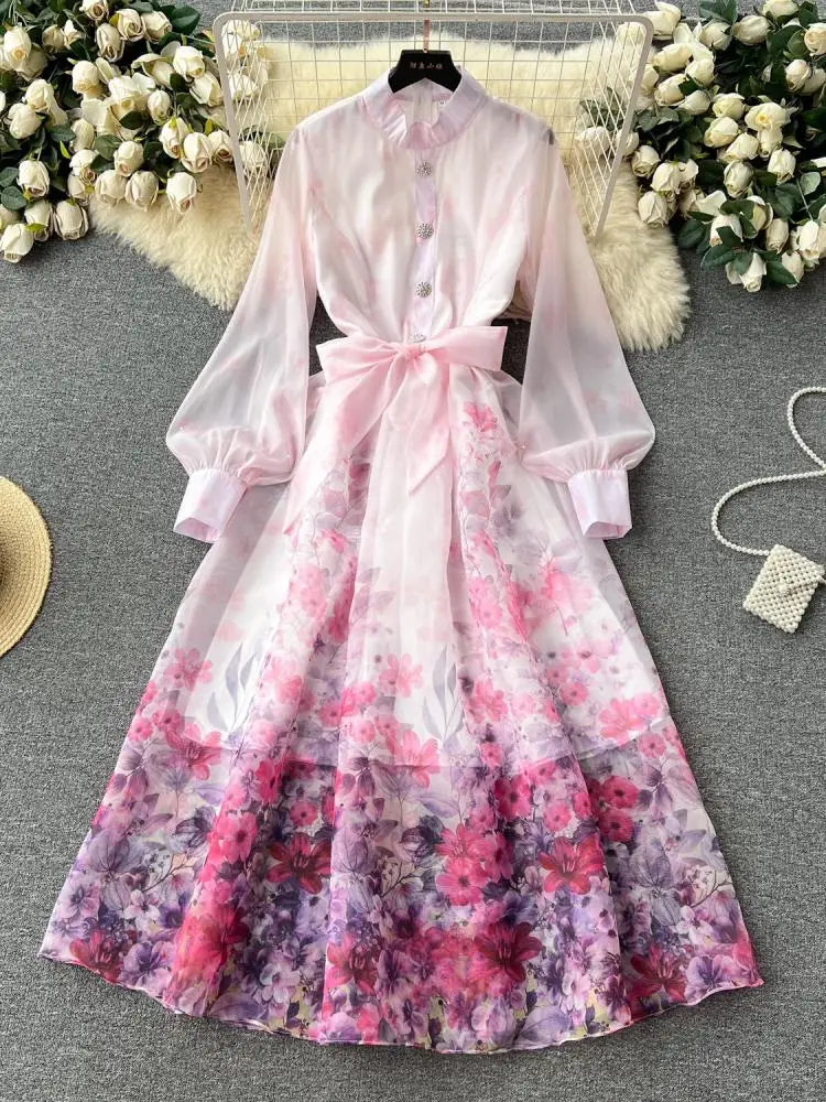 Autumn 2024 Retro Fashion Pink Flower Single Breasted Elegant Long Dress Women Blue Stand Neck Long Sleeve Print Bohemian Dress
