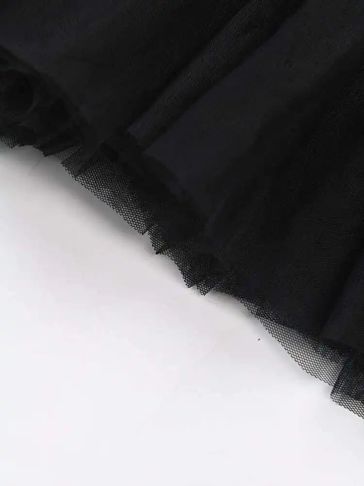 Women Black Layers Mesh Long Big Size Dress New Round Neck Short Sleeve Loose Fit Fashion Tide Spring Summer 2025 16R3054