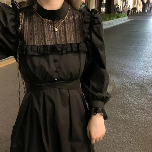 Load image into Gallery viewer, Gothic Black Lace Dress Women Casual Elegant Party Midi Ruffle Long Sleeve Dress Emo Y2k Goth Clothes Spring Robes
