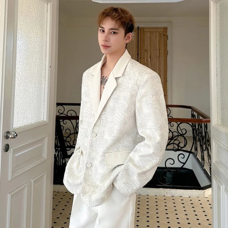 Male Blazer Doublelayer Threedimensional Relief Embroidered Lapel Deisgn Solid Color Single Breasted Suit Jacket 9W1487