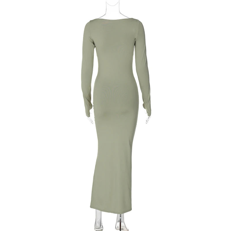 Long Sleeve Ruched Sexy Maxi Dress For Women Fashion Light Green O Neck Bodycon Elegant Club Party Long Dress Vestidos