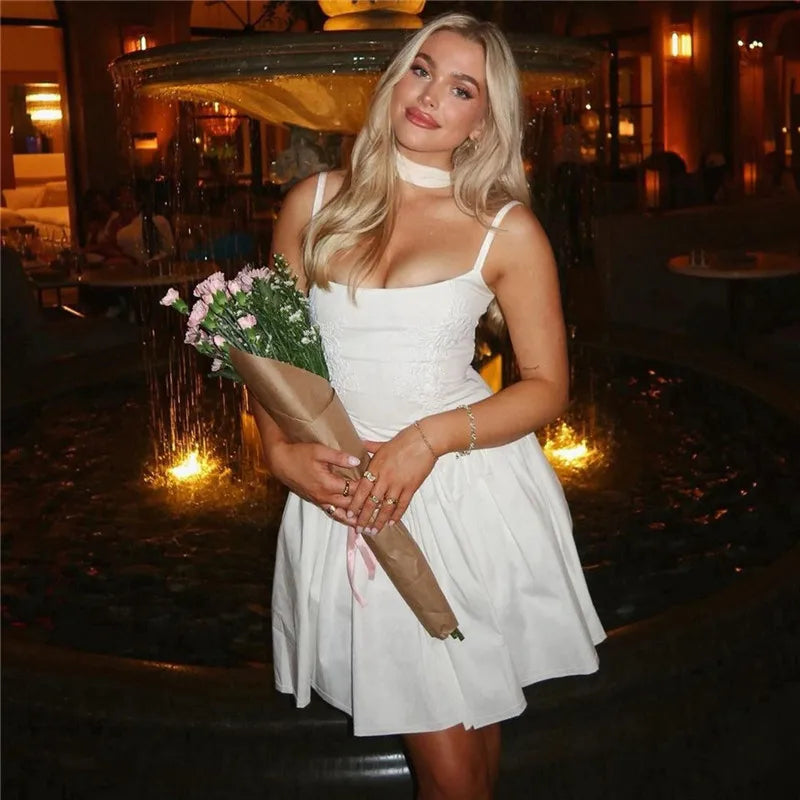 Backless Lace-up A-line Sexy Mini Dress For Women Fashion Spaghetti Strap Sleeveless Loose Club Party Dress Elegant