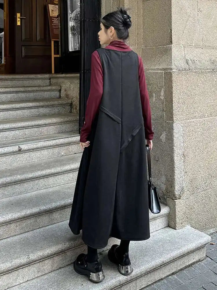 Women Black Irregular Spliced Big Size Long Strap Dress New V-Neck Sleeveless Fashion Tide Spring Autumn 2025 1DH7700