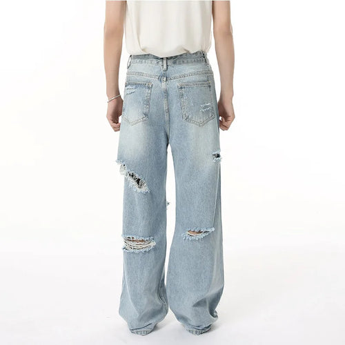 Load image into Gallery viewer, Men&#39;s Jeans New American High Street Style Personalized Hole Design Distressed Straight Wide Leg Male Denim Pants 9W1835
