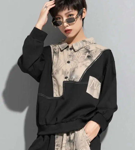 Women Apricot Pattern Printed Big Size Casual T-shirt New Lapel Long Sleeve Fashion Tide Spring Autumn 2025 1DF1316