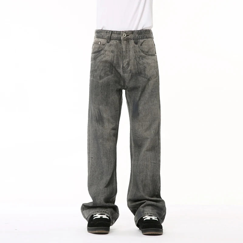 Male Grey Black Denim Pants New Worn-out Washed Loose Straight Wide Leg Boot Cut Men‘s Jeans Summer Fashion 9C6682