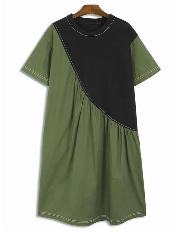 Women Black Pleated Color-block Big Size Midi Dress New Round Neck Short Sleeve Fashion Tide Spring Summer 2025 1DH5237