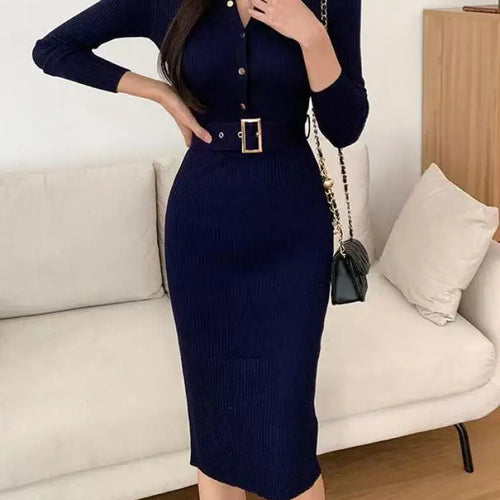 Load image into Gallery viewer, French Women Solid Single Breasted Long Sleeved Midi Dresses Autumn Winter New Temperament Slim Knitted A-line Dress Round Neck
