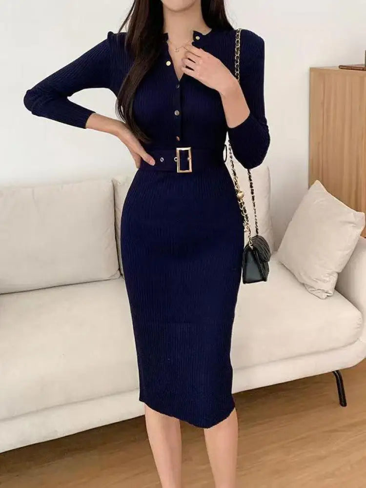 French Women Solid Single Breasted Long Sleeved Midi Dresses Autumn Winter New Temperament Slim Knitted A-line Dress Round Neck