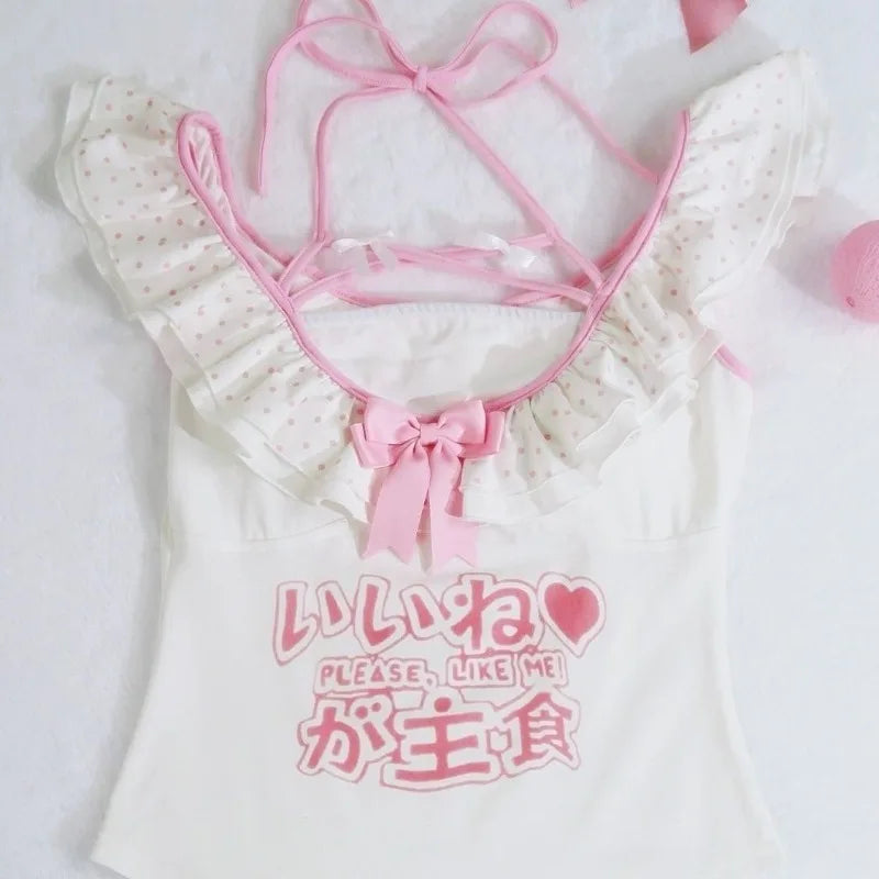 Y2k Tops Sweet Woman T Shirts Fake Two Tees Crop Top 2024 Ropa Mujer Japanese Polka Dot Camisetas Fashion Casual Summer Tshirt