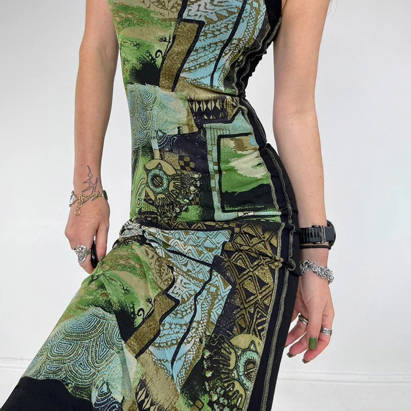 Fashion Digital Printed Summer Long Dress Female Strap Patchwork Elegant Vintage Fairycore Sundress Contrast Dresses