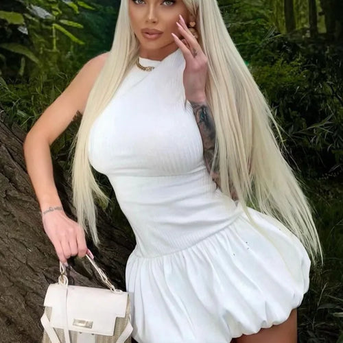 Load image into Gallery viewer, Hollow Out Backless Sleeveless Mini Dress For Women Summer New Fashion Solid O Neck Slim Pleated Dress Elegant 2024
