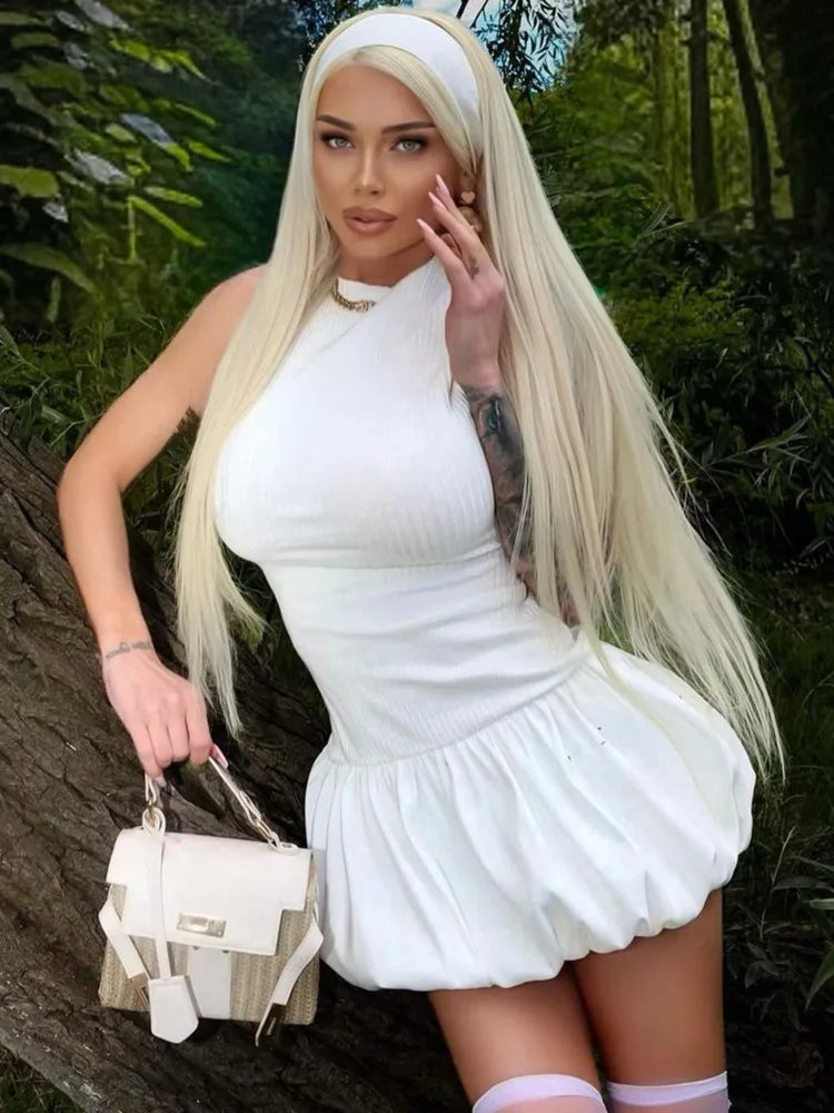 Hollow Out Backless Sleeveless Mini Dress For Women Summer New Fashion Solid O Neck Slim Pleated Dress Elegant 2024