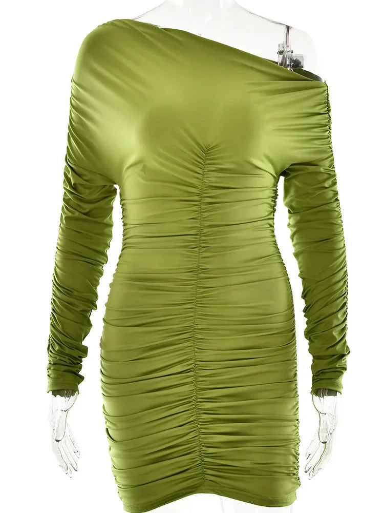 Elegant Long Sleeved Pleated Elastic Tight Dress Women 2025 New Autumn/Winter Short Skirt Sexy Slim Party Club Vestido