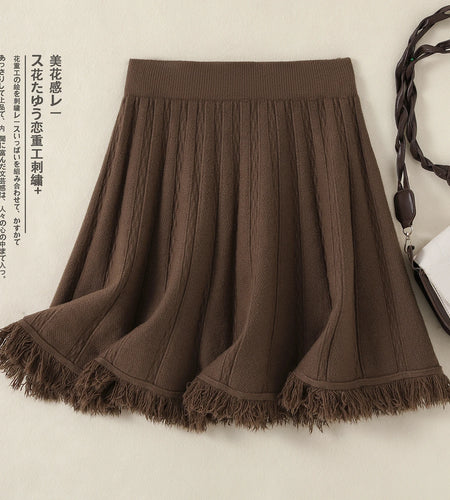 Korean Fashion Autumn Winter Women Solid Tassels Holiday Knitted Short Skirt Vintage High Waist A-line Pleated Half Skirts 2024