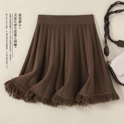 Load image into Gallery viewer, Korean Fashion Autumn Winter Women Solid Tassels Holiday Knitted Short Skirt Vintage High Waist A-line Pleated Half Skirts 2024

