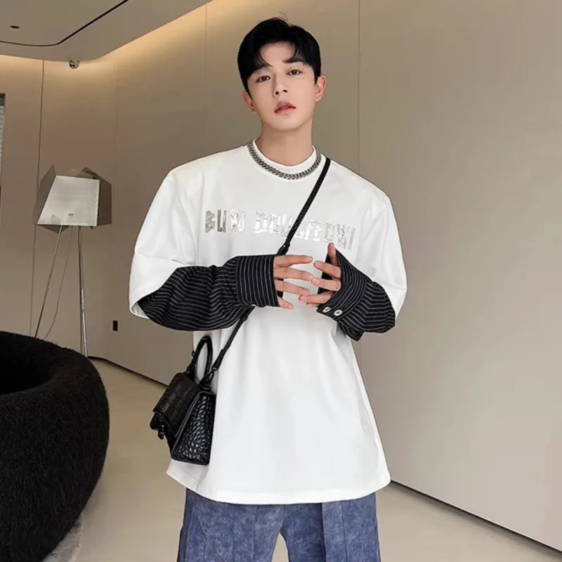 Men's Sweatshirt New Korean Striped Top Fashion Long Sleeve Splicing Pyrographic Summer Loose Niche Male Clothing 9W1581