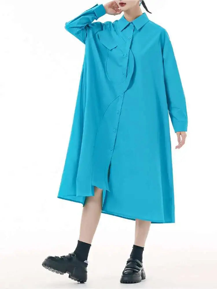 Women Purple Irregular Spliced Big Size Shirt Dress New Lapel Long Sleeve Loose Fit Fashion Spring Autumn 2025 1DH0654