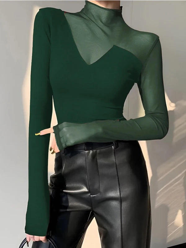 Spring Summer Clothes Mesh Sexy T-Shirts Tops for Women Long Sleeve Woman Asymmetric Skinny Tops Blouse