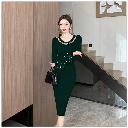 Load image into Gallery viewer, Korean Solid Pearl Simple Round Neck Long Sleeved Knitting Dress Women Elegant Long Sleeve Office Dress Autumn Winter 2024 Trend
