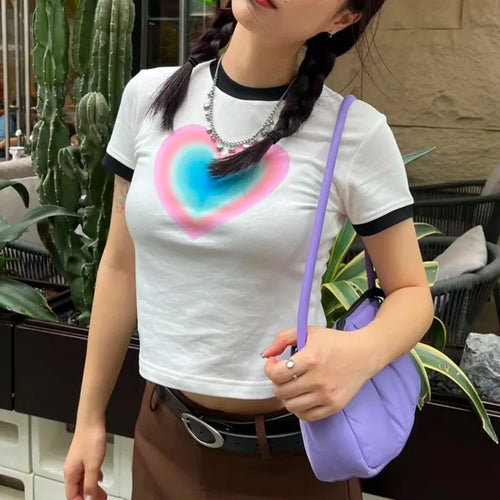 Load image into Gallery viewer, Y2k Aesthetics Tops Grunge Gradient Love Print T-shirt 2000s Fairycore Patchwork Tshirt Japanese Harajuku Crop Top 00s
