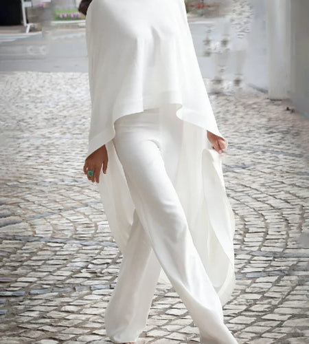 Women's White Two Pieces Set 2024 Autumn High-Neck High-Low Loose Tops & Wide Leg Pants Suits Streewear Black