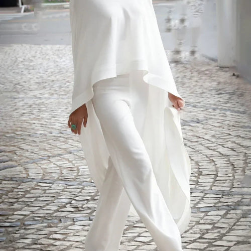 Load image into Gallery viewer, Women&#39;s White Two Pieces Set 2024 Autumn High-Neck High-Low Loose Tops &amp; Wide Leg Pants Suits Streewear Black
