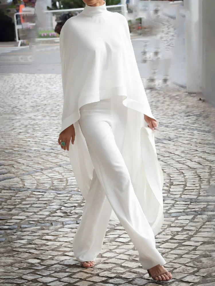 Women's White Two Pieces Set 2024 Autumn High-Neck High-Low Loose Tops & Wide Leg Pants Suits Streewear Black